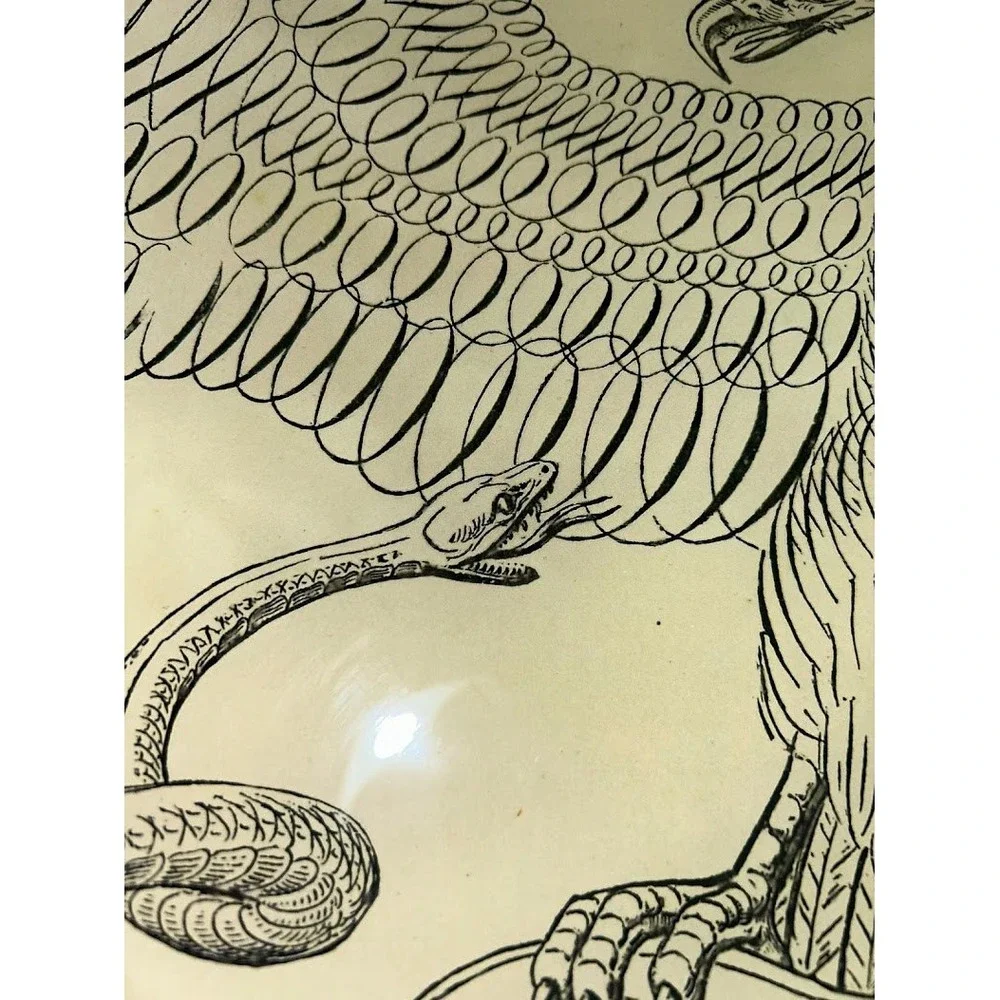 John Derian Large Oval Decoupage Glass Platter Eagle and Snake Vintage 19in